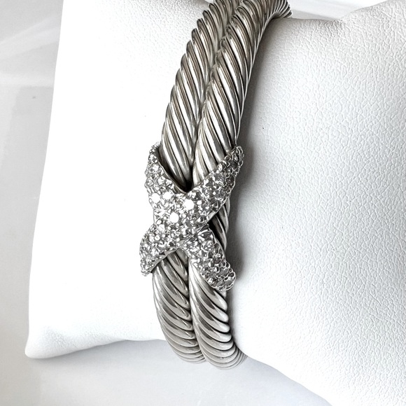 David Yurman Sterling Silver Double Row Diamond X Cable Bracelet - Picture 6 of 16